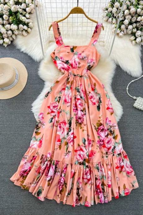 Fairy Floral Suspender Dress, Seaside Beach Dress, Gentle Waist Mid-length A-line Ruffle Dress