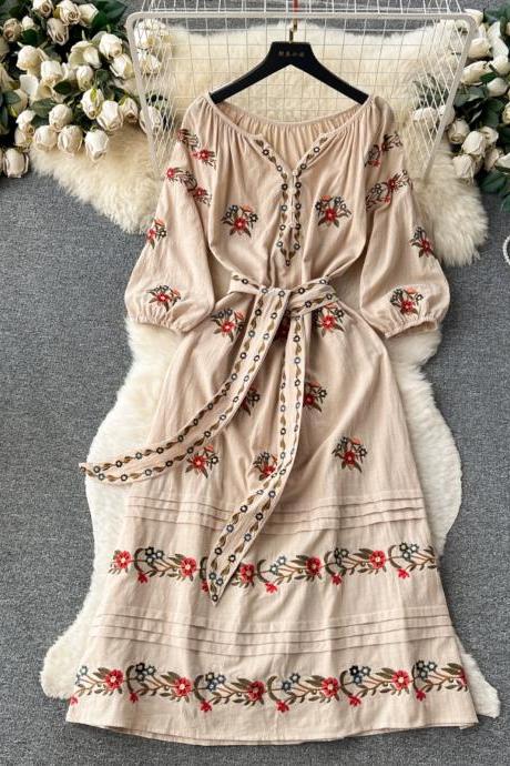 Vintage, Ethnic, Embroidered Puffy Sleeve Dress, Lace-up Waist Slimming Holiday A-line Dress