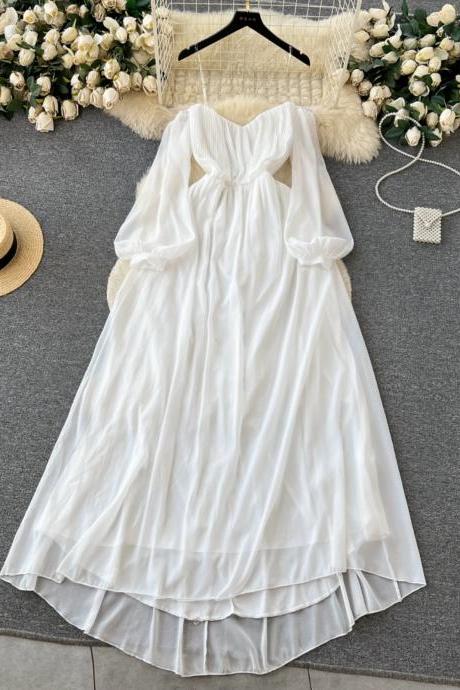 Off-shoulder Long-sleeved Dress, High-waisted Slimming White Dress