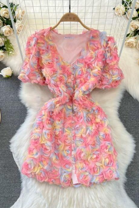 Fashion, High Sense, Short Sleeve V-neck, A-line 3d Rose Flower Fairy Dress