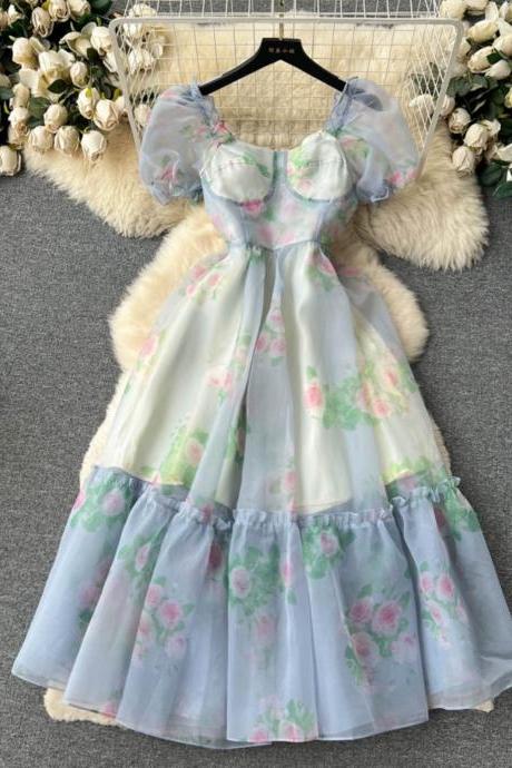 Vintage Puffed Sleeve Platycodon Flower Dress, Matching Color Printed Waist Princess Dress