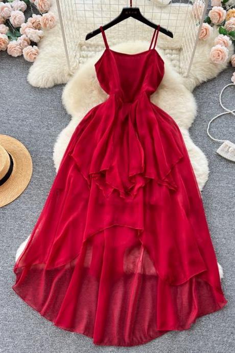 Red Halter Dress, Temperament, Holiday Style, High Waist, Irregular Ruffled Chiffon Dress