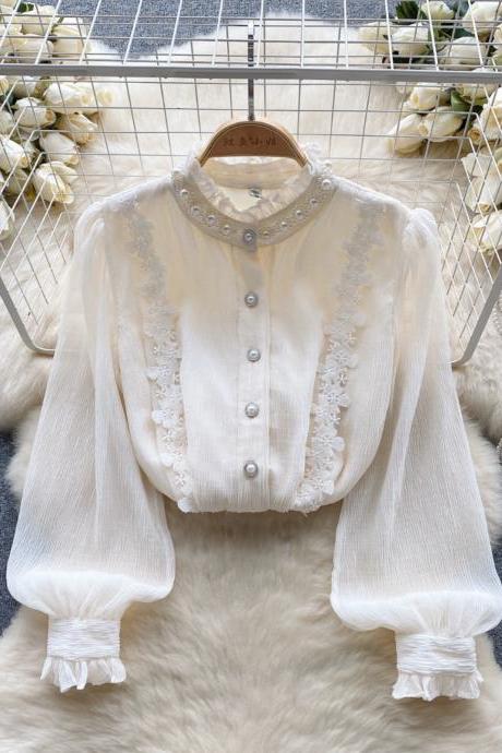 Retro Palace Style Long-sleeve Shirt For Women Autumn Lace Blouses