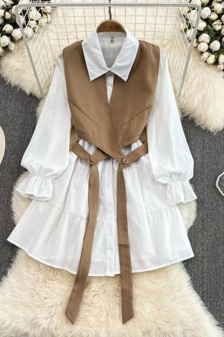 College Style Single-breasted Shirt Dress, French Retro Vest, Two-piece Set