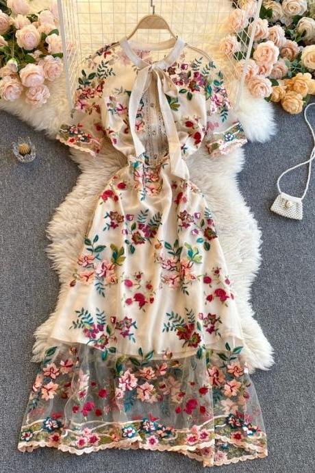 Color Contrast Bow Neck Short Sleeve Slimming Embroidered Floral Dress