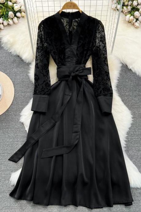 Fashionable,, Elegant Black Dress, Long-sleeved V-neck Mesh Patchwork Waist Slimming A-line Dress, Elegant Long Dress