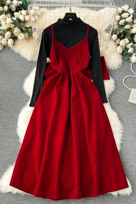Cute Bow Velvet Backless Dress Fashion Dress,vintage Red Dress,black Top ,two Piece