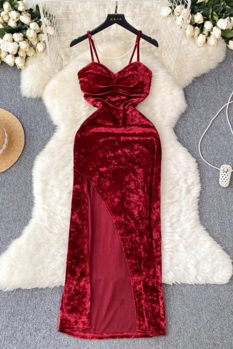 Banquet Wine Red Evening Dress Velvet Suspender Split Dres