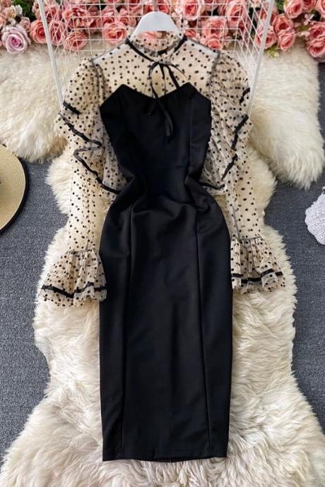 Retro Polka-dot Mesh Spliced Fake Two-piece Dress, Waist-cinching, Light Luxury, Ladylike Style, Hip-hugging Dress