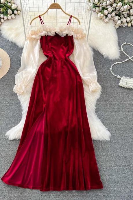 Elegant, Long-sleeved Three-dimensional Flower Ruffle Dress, Off-shoulder Waist Slimming Slit Velvet Suspender Dress