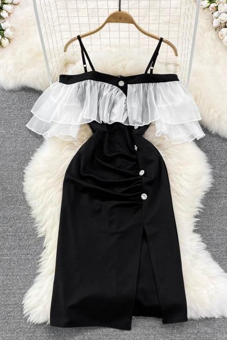 Off-shoulder Suspender Dress, Ruffled Off-shoulder Waist Slimming A-line Dress