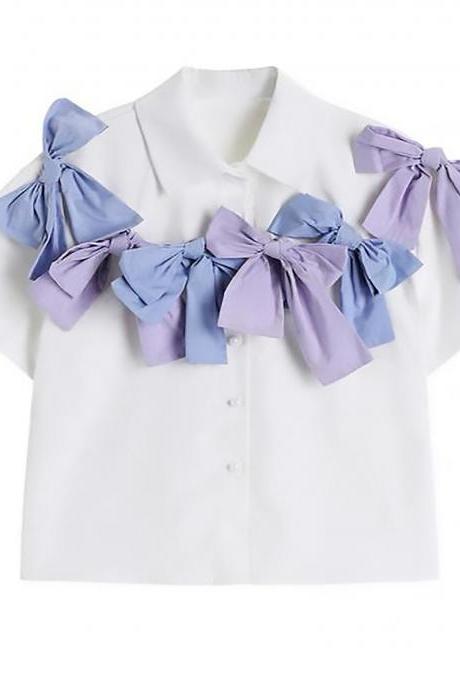 Fashion, Blue And Purple Bow, White Short-sleeved Shirt, Chic Top, Unique Shirt