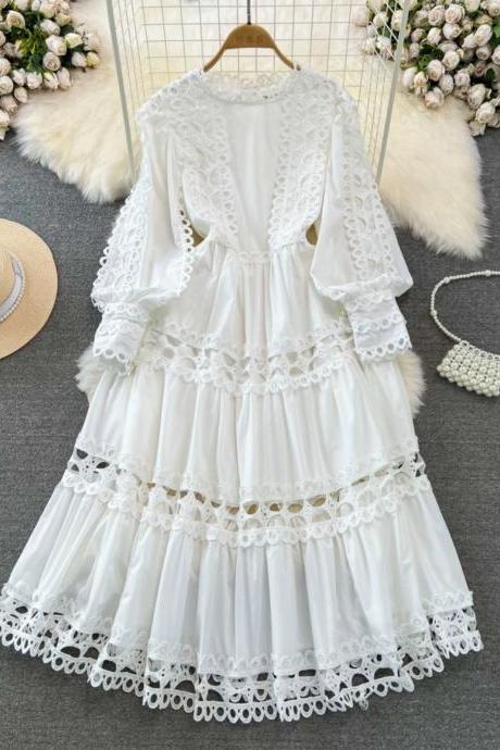 Retro, Palace Style, Elegant Lantern Long-sleeved Lace Hollow Patchwork Dress, Round Neck Waist Slimming A-line Dress