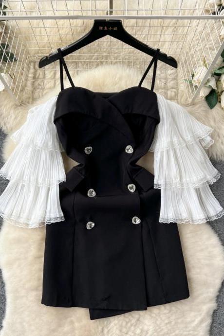 Off-shoulder Little Black Dress Elegant Off-shoulder Trumpet Sleeves Love Breasted Dress