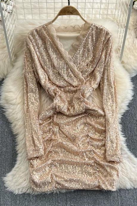 Fashionable, Sexy, Sparkling Sequin V-neck Waist-cinching Pleated Bodycon Dress