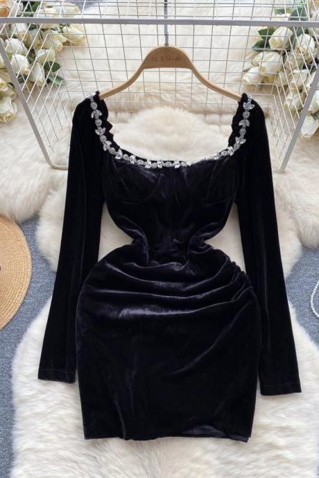 Little Black Dress, Socialite High-end Diamond Square Neck Long-sleeved Slim Velvet Dress