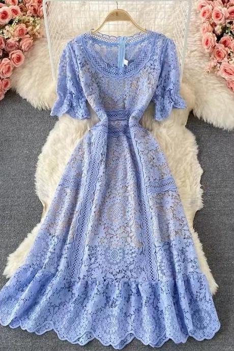 Gentle Style, Round Neck Hollow Lace Waist Slimming Dress, Elegant Long Dress