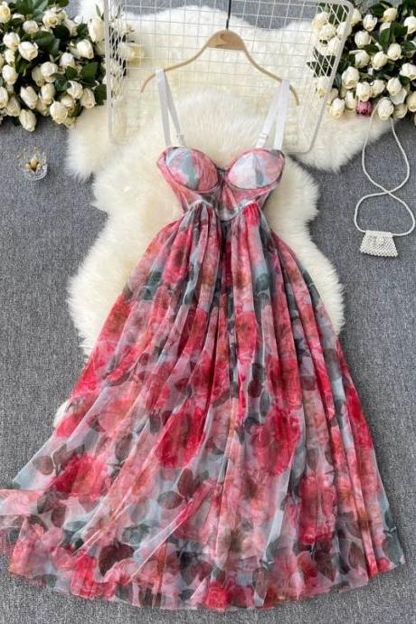 Floral Holiday Dress, Sexy Waist-cinching Mid-length Suspender Dress