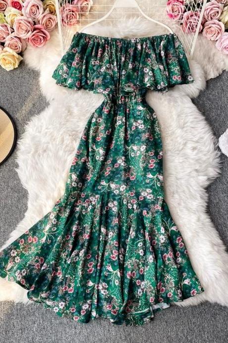 Sexy Dress, Waist-cinching Floral Chiffon Long Dress, Off-shoulder Vacation Dress, Beach Dress