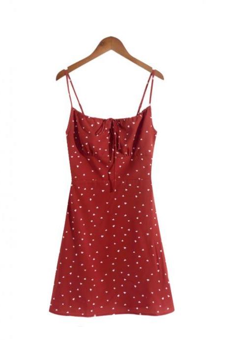 Retro, Sweet And Spicy Girly Heart Pattern Slim Suspender Dress, Travel Vacation Backless Dress