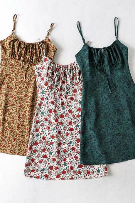 Sexy, Small Flower Print Slim-fitting High-waisted Dress Spaghetti Strap Bodycon Dress