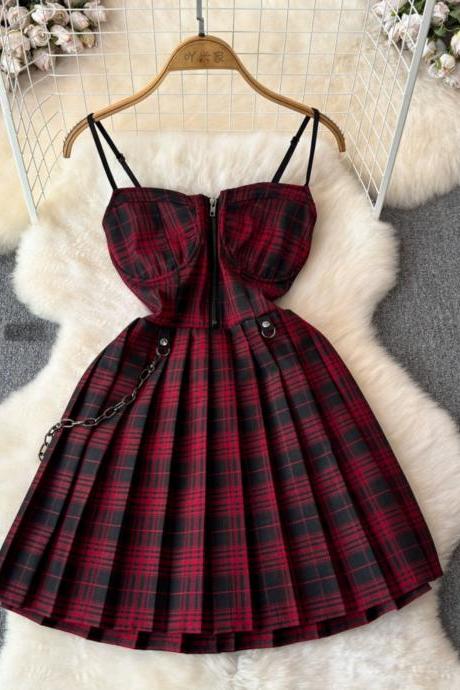 Sweet ,cool Red And Black Plaid Pleated Suspender Dress Girl Party Dress