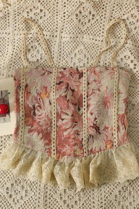 Vintage, Oil Painting Style Floral Camisole Tank Top,, Lace Patchwork Slim Chic Top