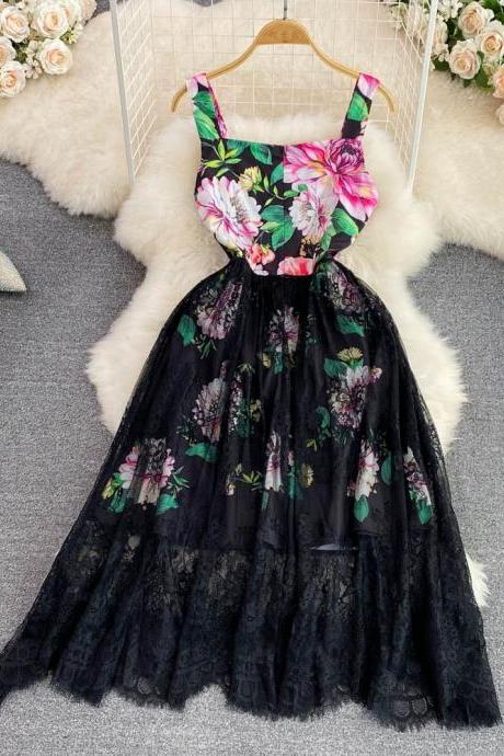 Advanced Sense ,luxury Slip Dress, Fashion High Waist Slimming Printed Gauze Patchwork Sleeveless A-line Dress