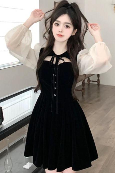 Princess Hollow Shawl Collar Velvet Dress, Spliced Mesh Long-sleeved Waist Dress Cute Little Black Dress
