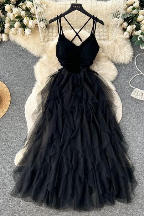 Sexy Strap Dress Black V Neck Tulle Dress Fashion Dress