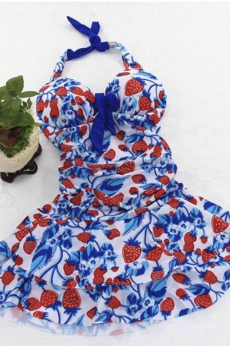 Women Strawberry Swim Dress, Vintage Strawberry Print Halter Swimsuit, Strawberry Swimsuit