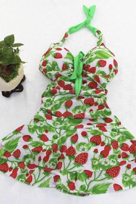 Women Strawberry Swim Dress, Vintage Strawberry Print Halter Swimsuit, Strawberry Green One Piece Swimsuit