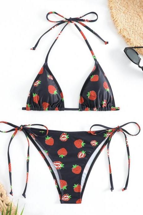 Women Strawberry Swim Dress, Print Sexy Holiday Bikini, Strawberry Two Piece Swimsuit