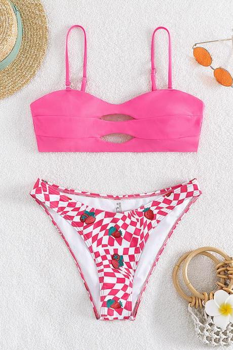 Women Strawberry Swim Dress, Print Sexy Pink Holiday Bikini, Strawberry Two Piece Swimsuit