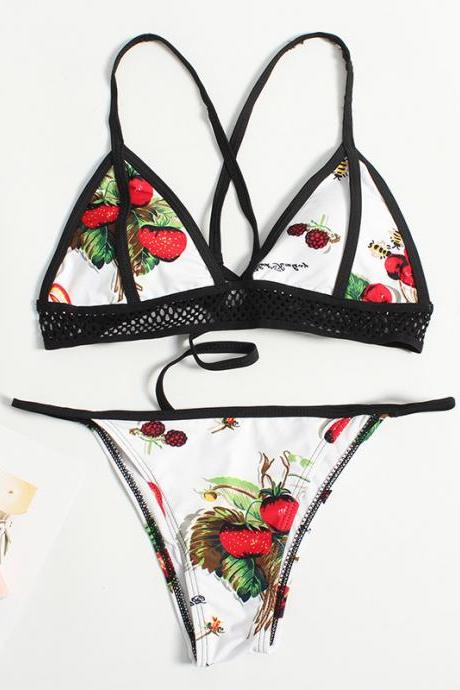 Women Strawberry Swim Dress, Black And White Sexy Holiday Bikini, Strawberry Two Piece Swimsuit,strawberry Bikini