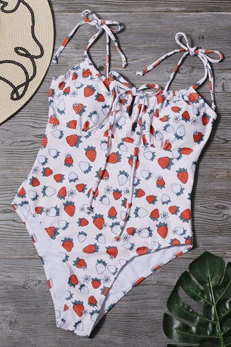 Women Strawberry Swim Dress, White Sexy Holiday Bikini, Strawberry One Piece Swimsuit