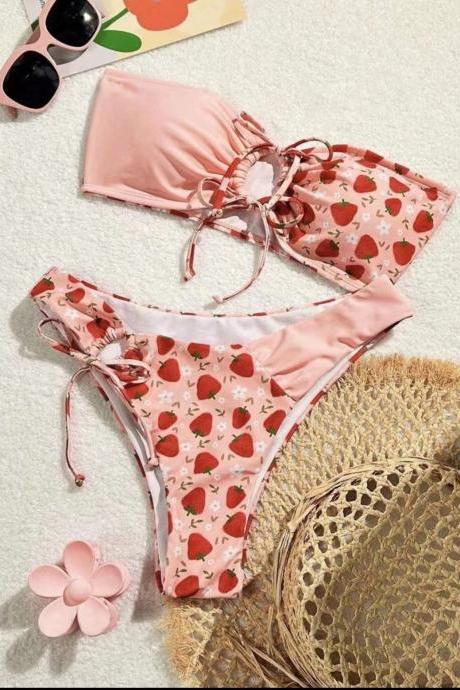 Women Strawberry Swim Dress, Print Sexy Pink Holiday Bikini, Strawberry Bikini,strawberry Two Piece Swimsuit