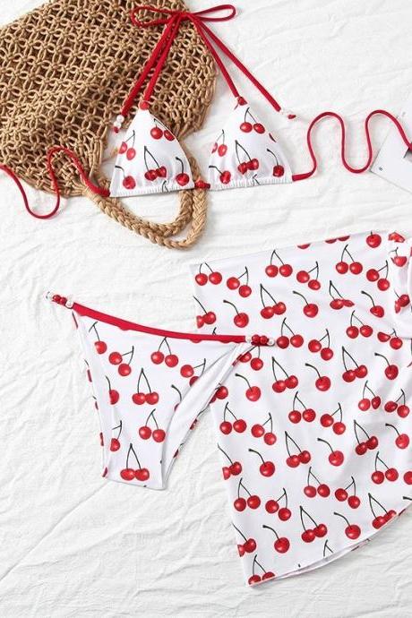 Women Cherry Swim Dress, Cute Cherry Print Halter Swimsuit, Cherry Swimwear,cherry Bikini,three Pieces