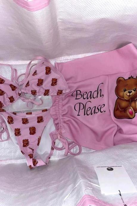 Women Bear Swim Dress, Cute Bear Print Halter Swimsuit, Bear Swimwear,bear Bikini