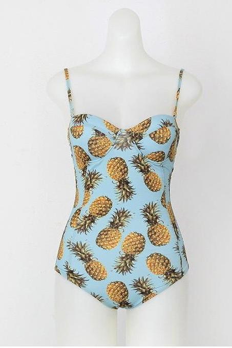 Women Pineapple Swim Dress, Sexy Pineapple Print Swimsuit, Pineapple One Piece Swimwear