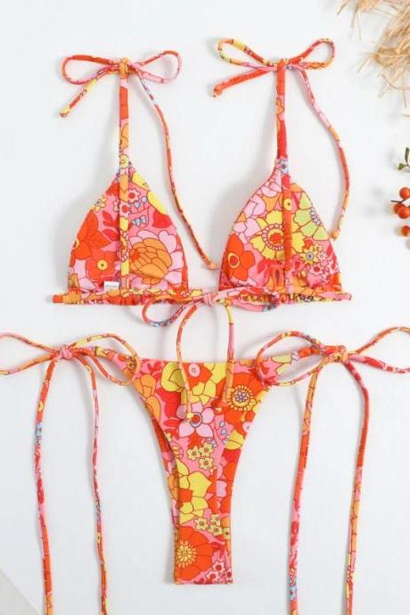 Floral Print Tie-front Bikini Set Swimwear For Women