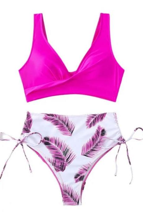 Womens Pink V-neck Bikini Set With Palm Print