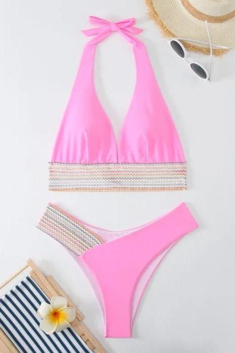Womens Pink Halter Top Bikini Swimwear With Embellishments