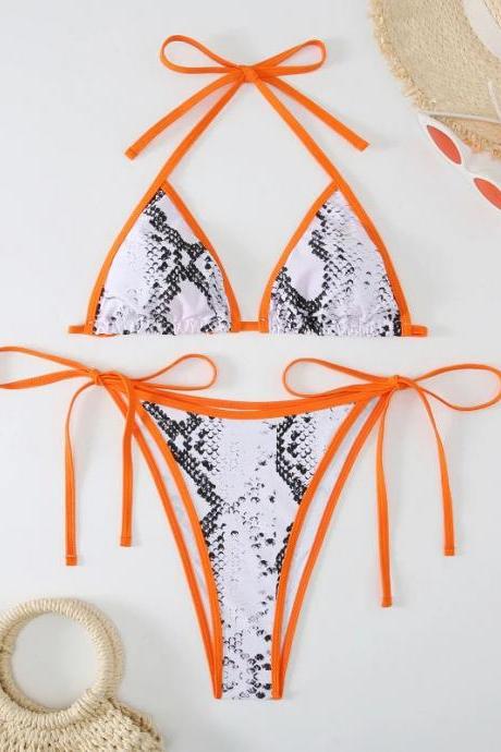 Womens Orange Tie-up Halter Lace Bikini Set