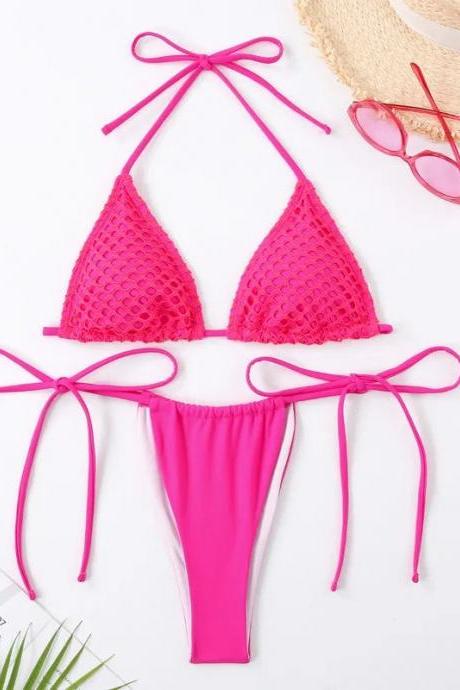 Womens Pink Textured Tie-front Bikini Swimwear Set