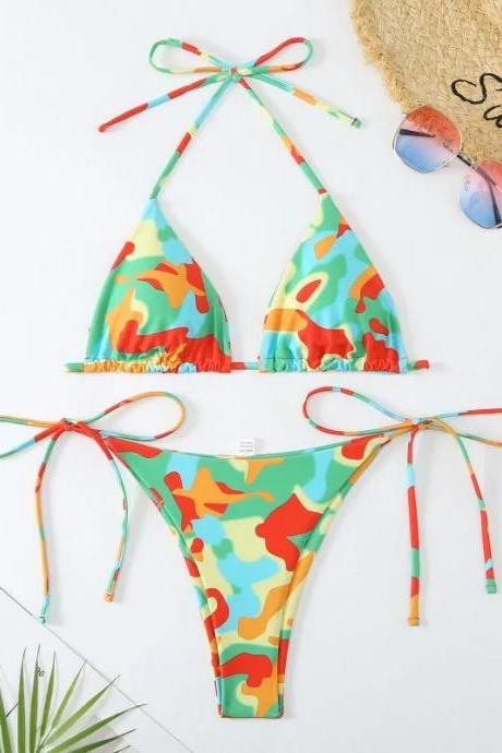 Womens Camouflage Print Tie String Bikini Swimwear Set
