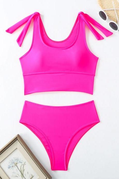 Womens Pink High-waisted Bikini Set Swimwear