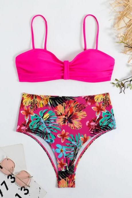 Womens High-waisted Bikini Set Tropical Print Swimwear