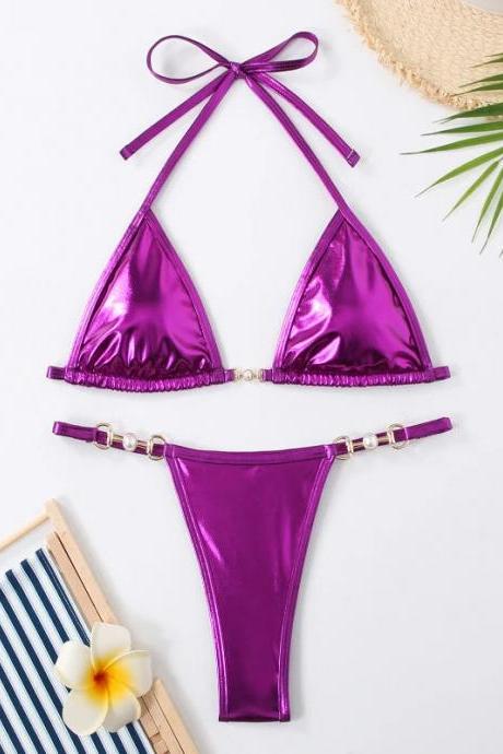 Shiny Purple Bikini Set With Beaded Detailing
