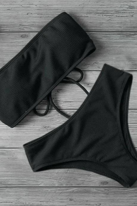 Womens High-waist Bikini Set Ribbed Black Swimwear